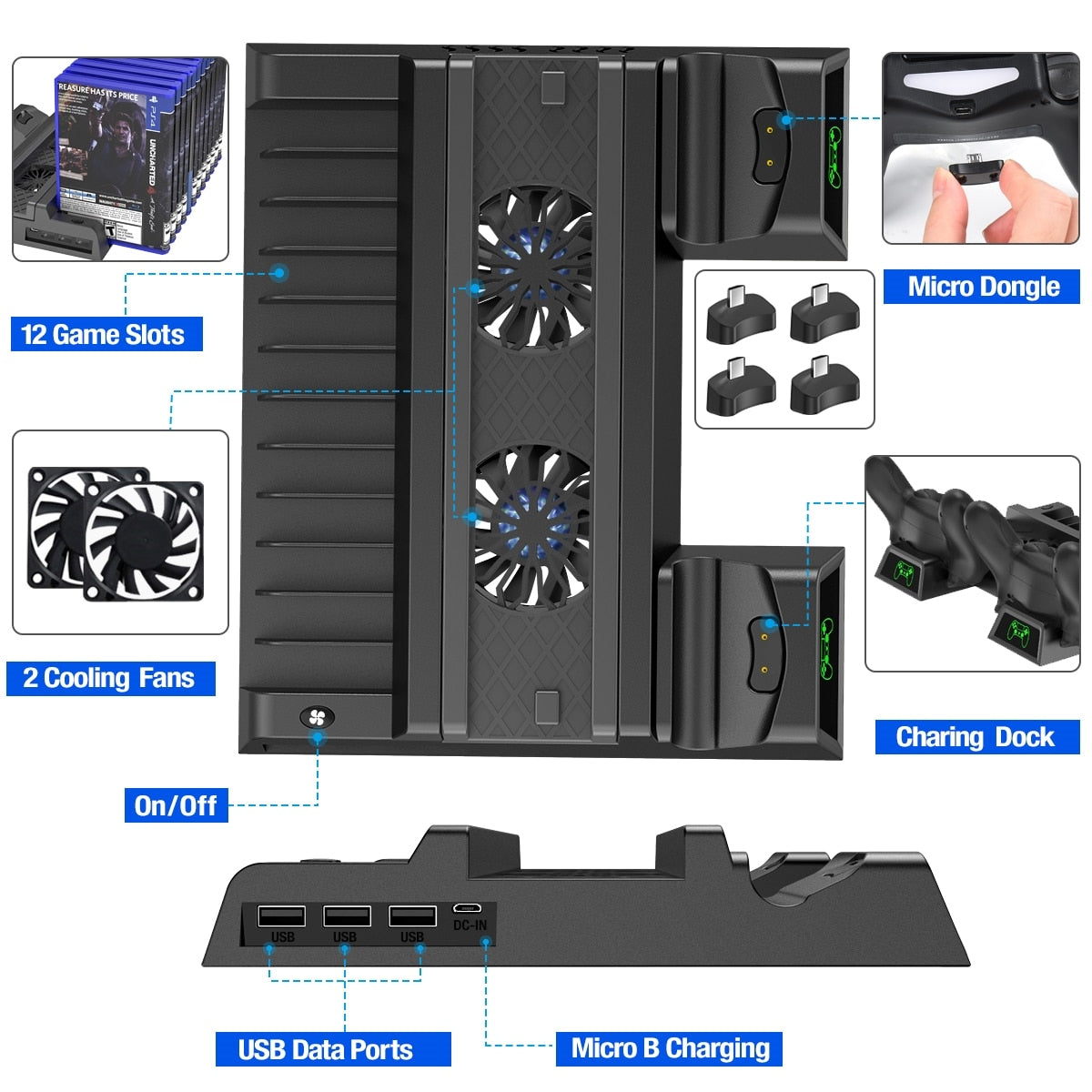 PS4 Stand With Cooling Fan And Dual Controller Charging