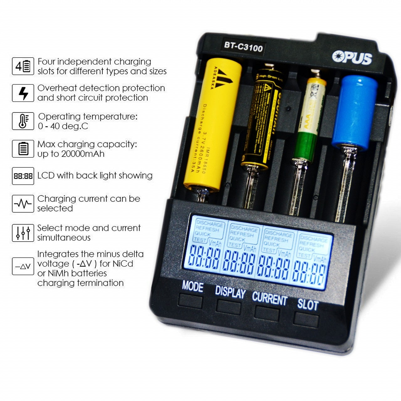 OPUS BT-C3100 Digital Intelligent 4 Slots LCD Battery Charger