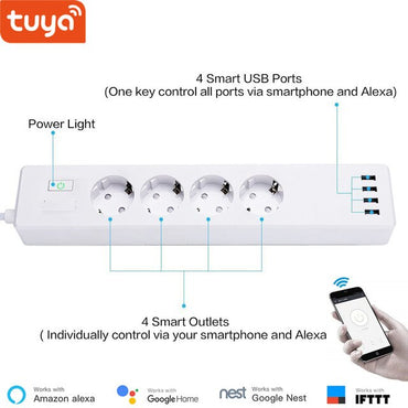 Tuya Smart WIFI Power Strip With 4 Plug and 4 USB Port