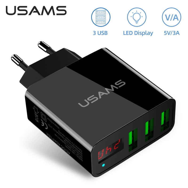 USAMS Charger 5V 3A 3 USB Ports with Digital Display